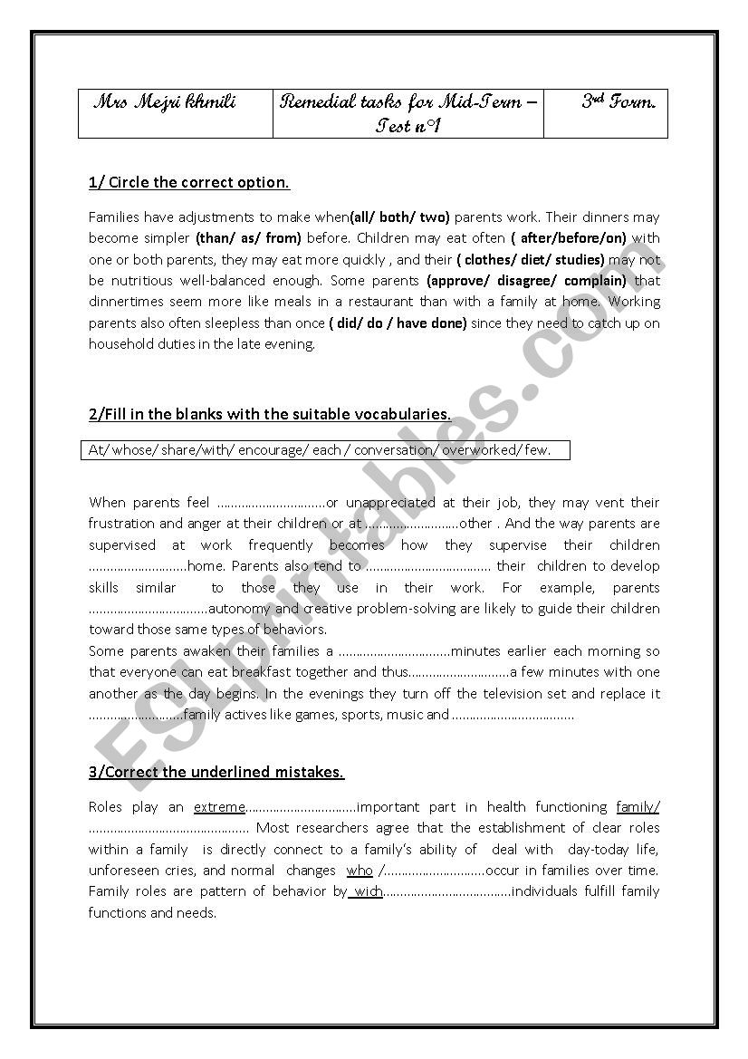 remedial tasks 3 rd form Tunisain system