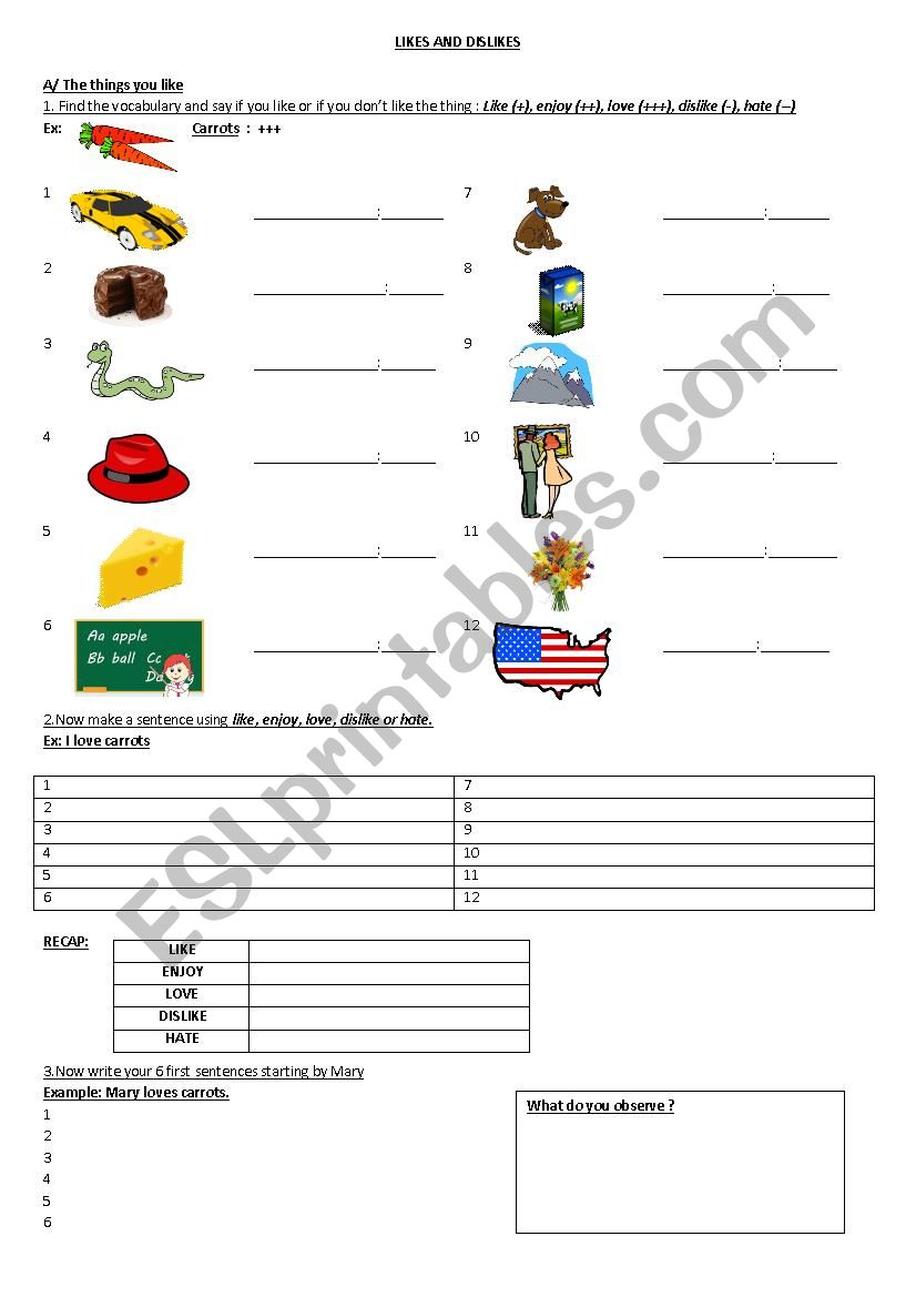 likes and dislikes worksheet