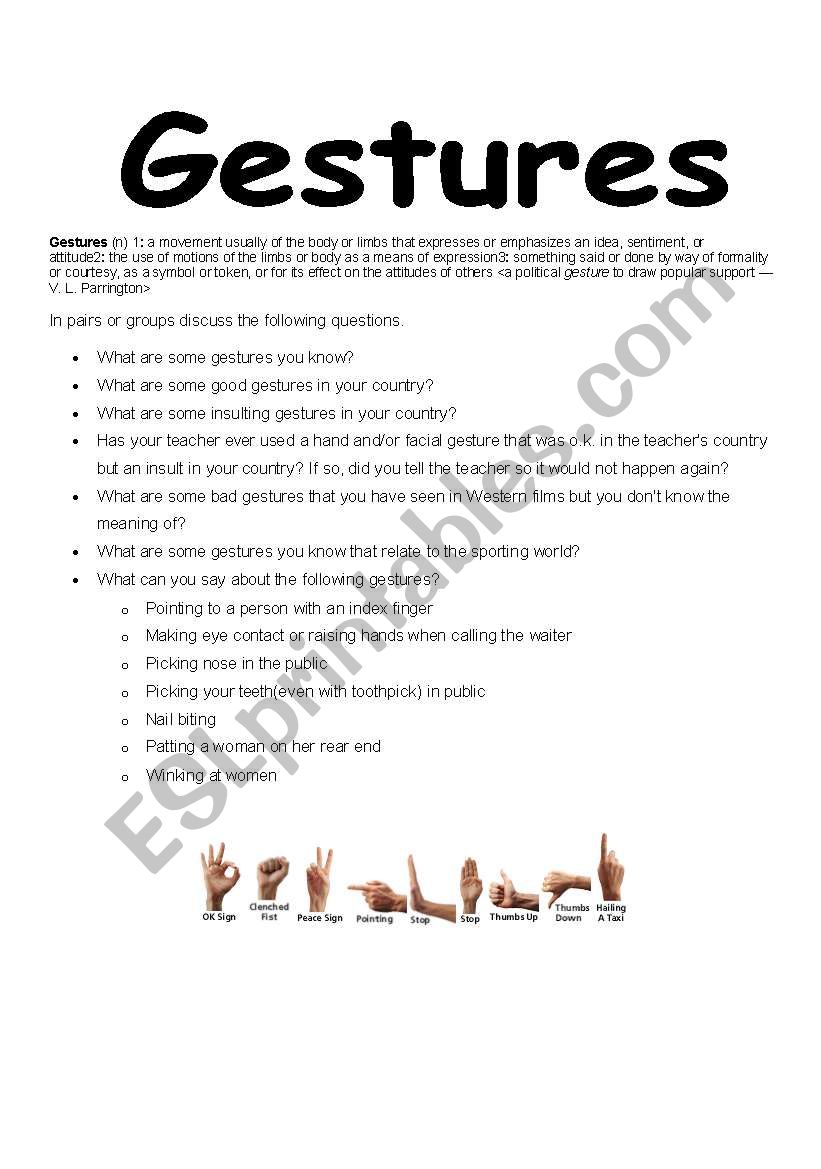 gestures worksheet