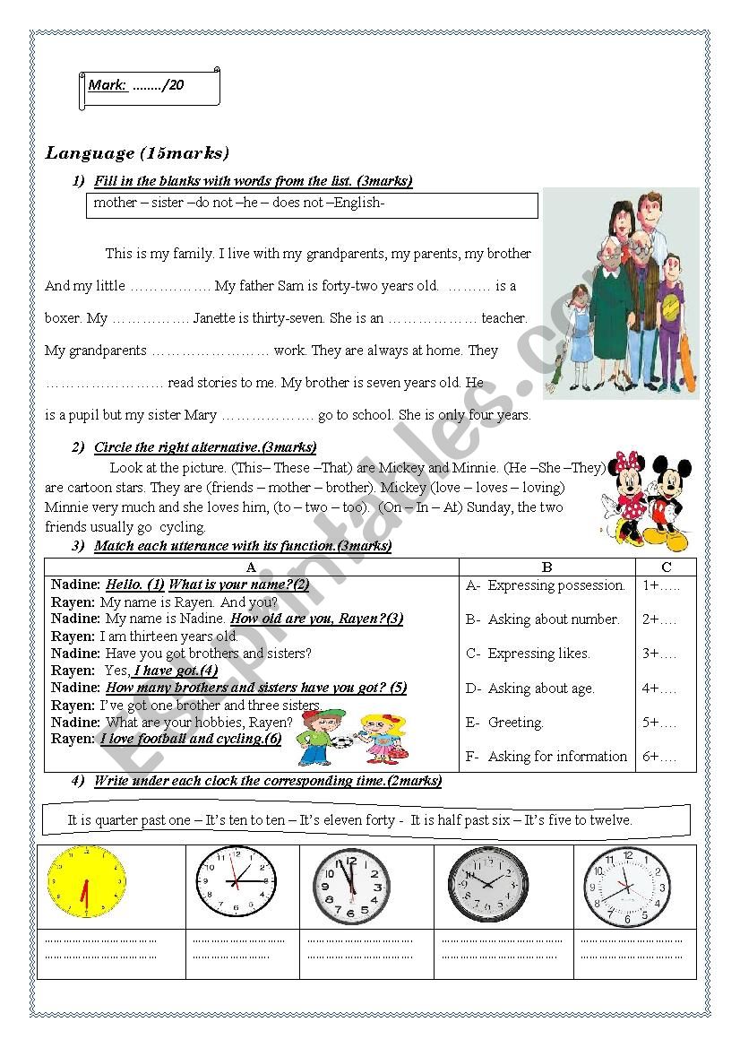 mid term test 1 for 7th form worksheet