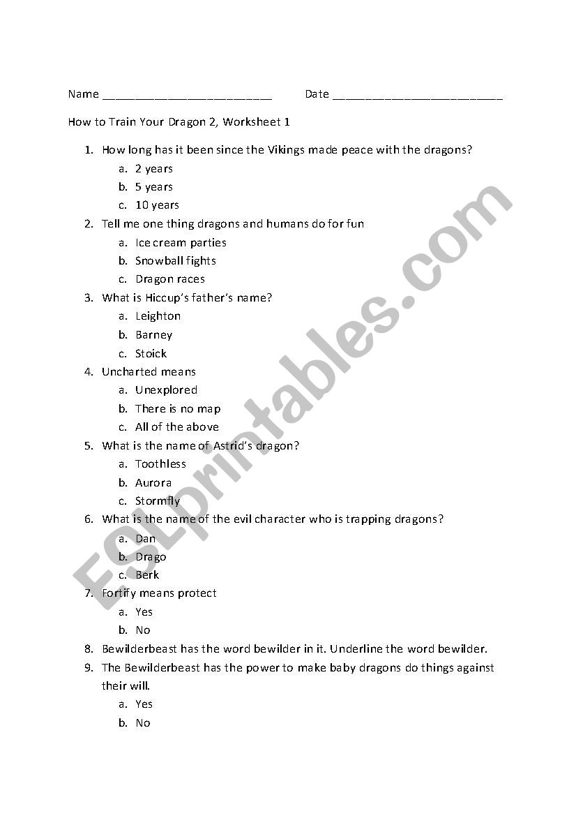 How to Train Your Dragon 2 worksheet