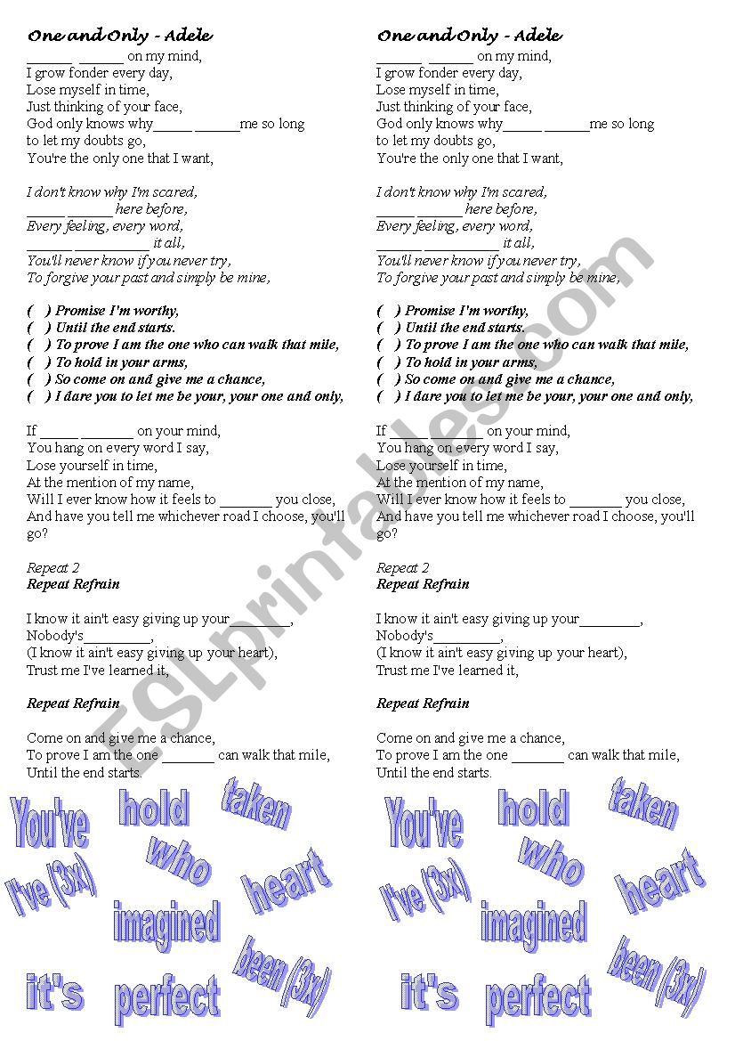 One and Only - Adele worksheet