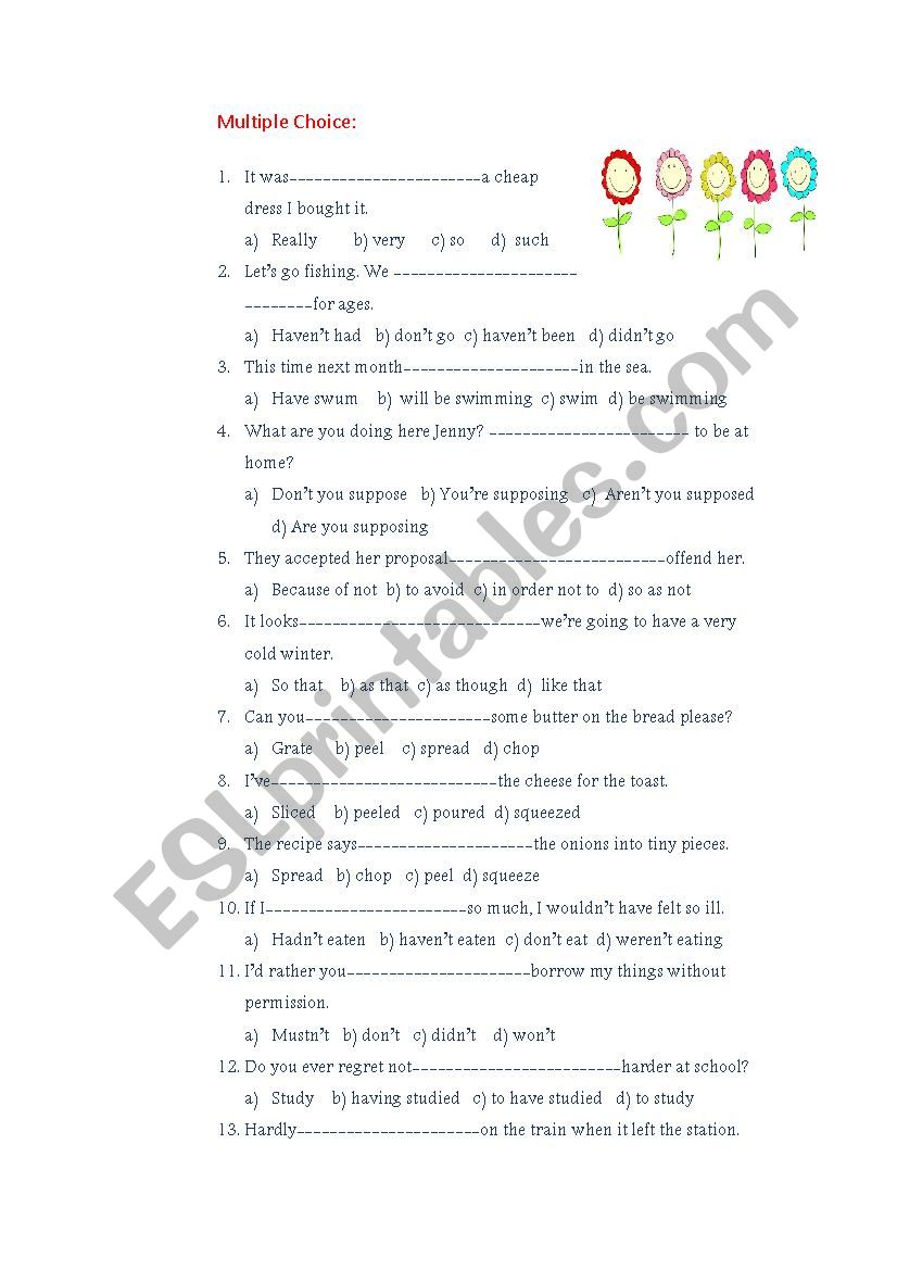 B 2 - multiple choices worksheet