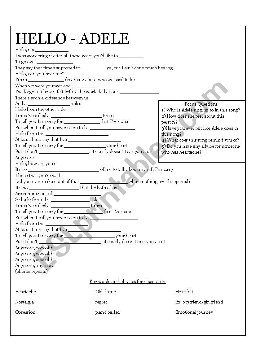 Adele - Hello worksheet