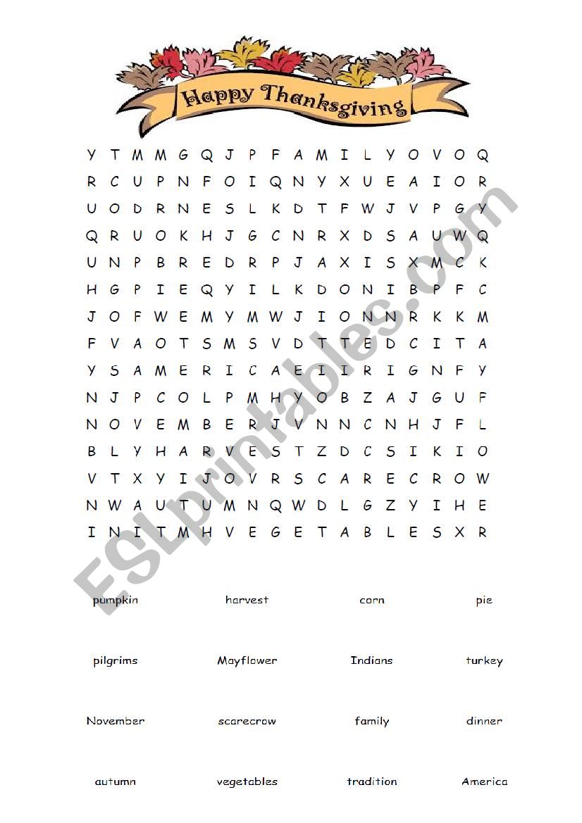 Thanksgiving word search worksheet