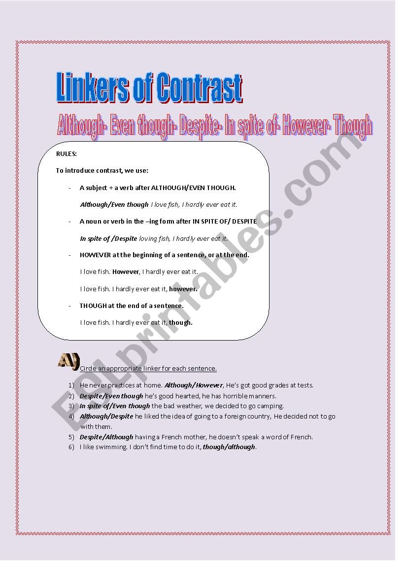 Linkers of Contrast worksheet