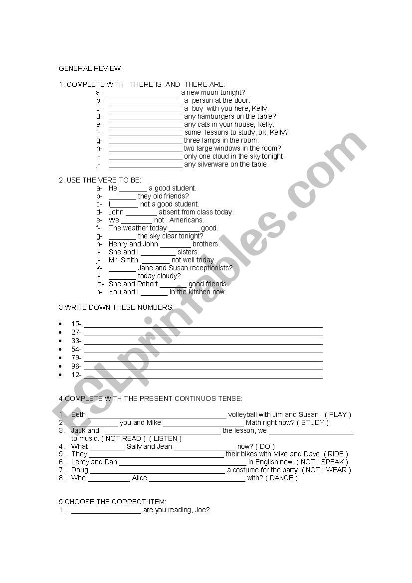 General Review worksheet