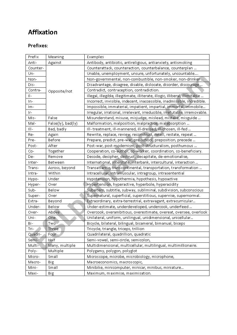 affixation worksheet