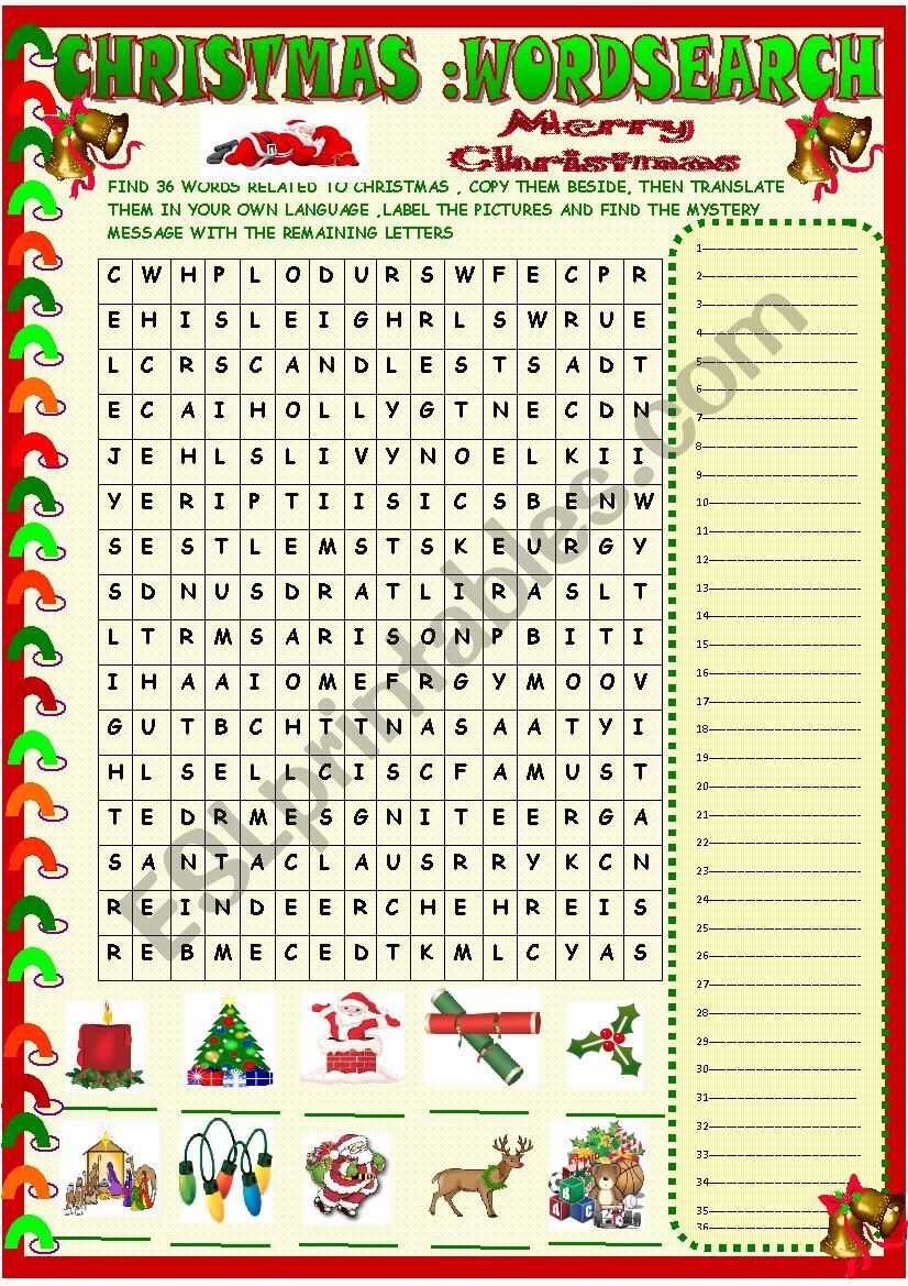 Christmas wordsearch  with a hidden message , KEY included