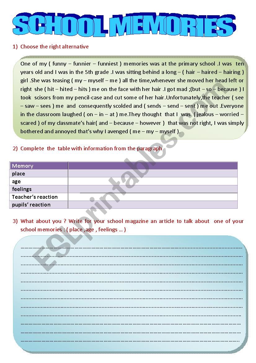 School Memoeies worksheet