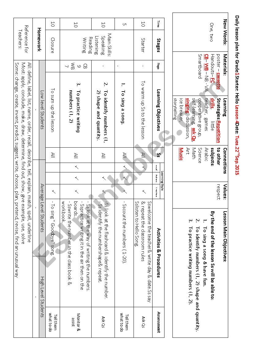 numbers worksheet