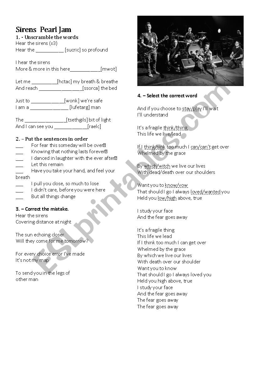 Pearl Jam Sirens worksheet