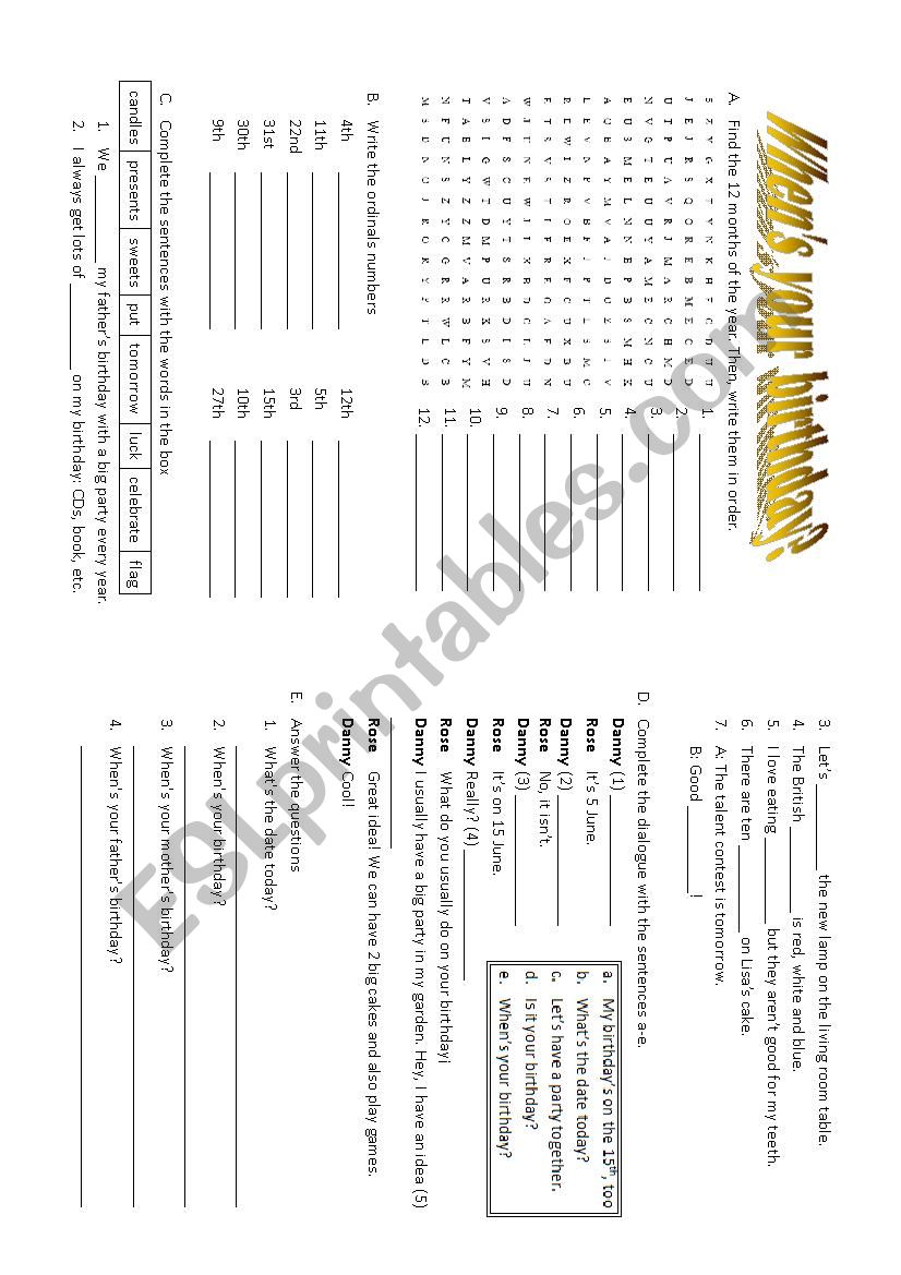 When is your birthday worksheet