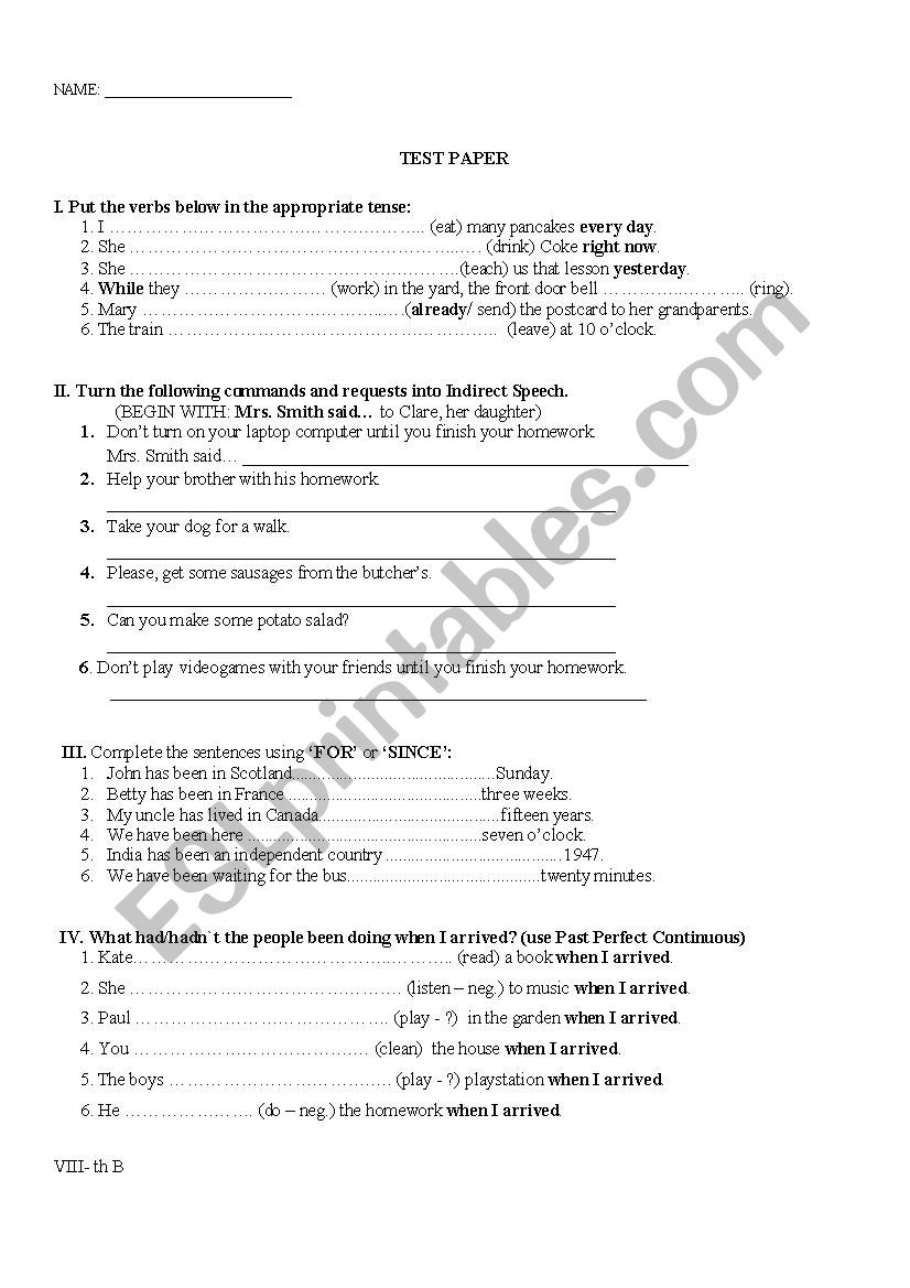 Teste Paper 8-th grade worksheet