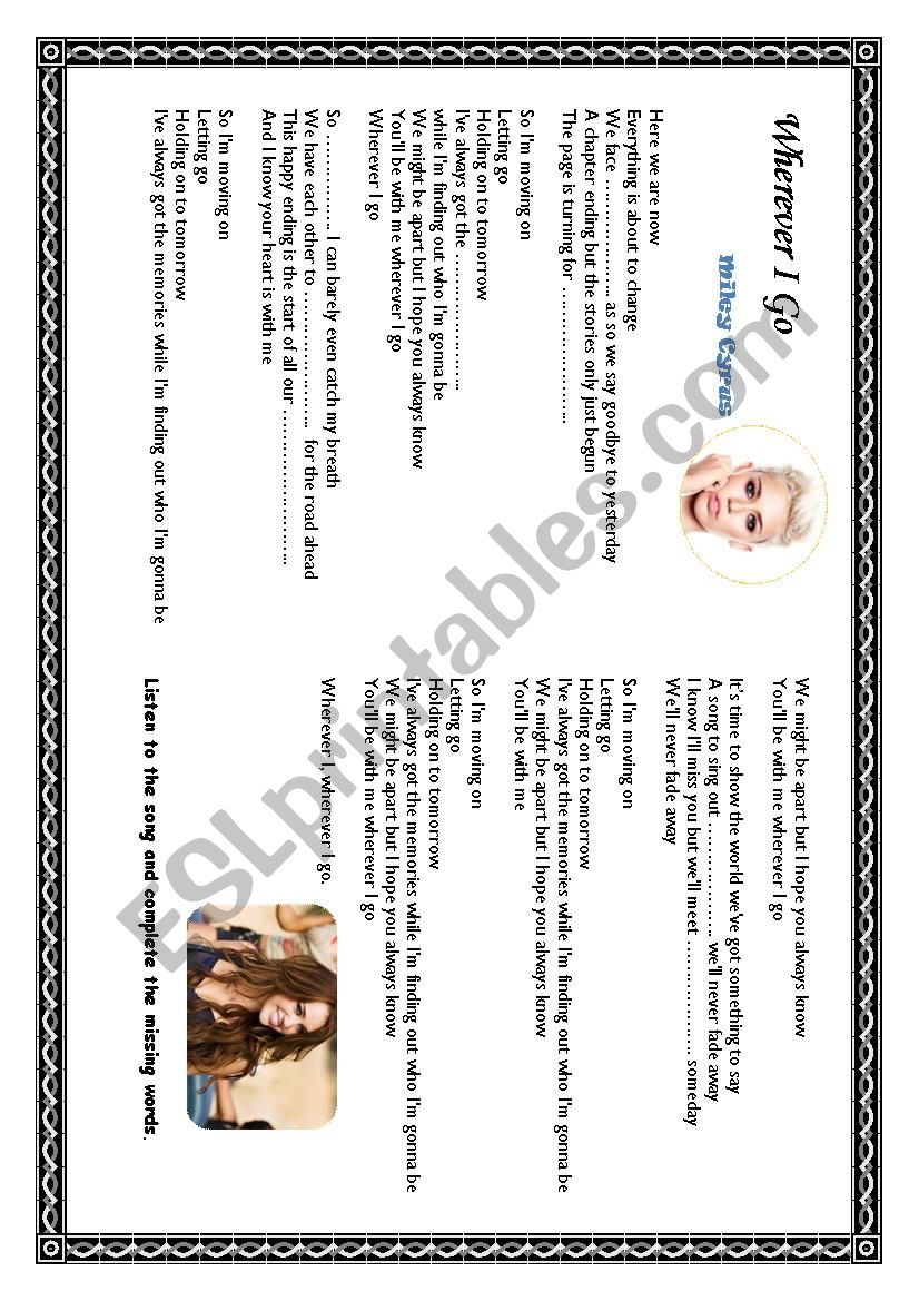 Miley Cyrus: Wherever I go worksheet