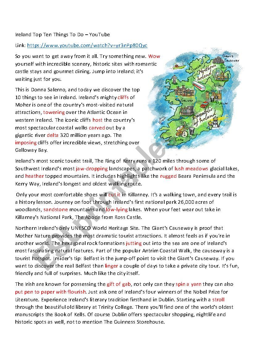 Ireland:Ten Top Things To Do worksheet