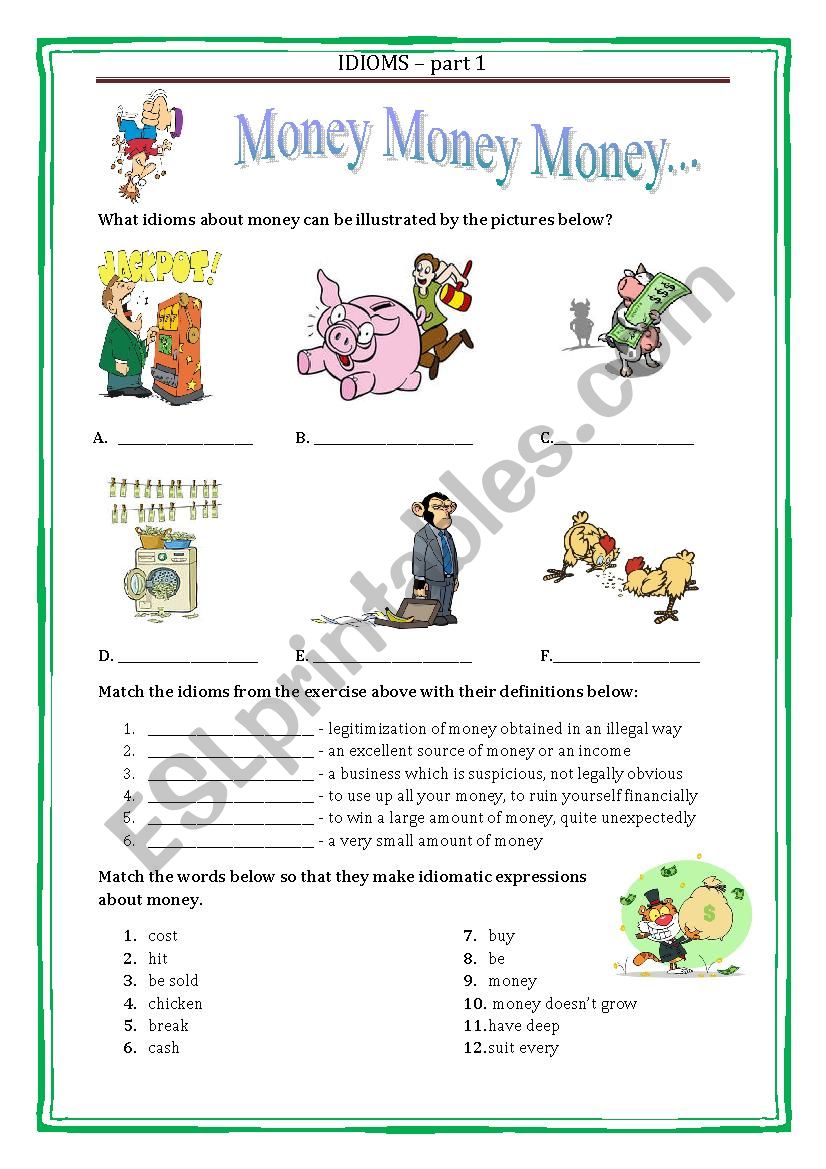 IDIOMS 1 - MONEY with a key worksheet