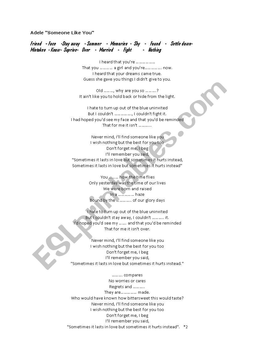 Someone Like You   ADELE worksheet