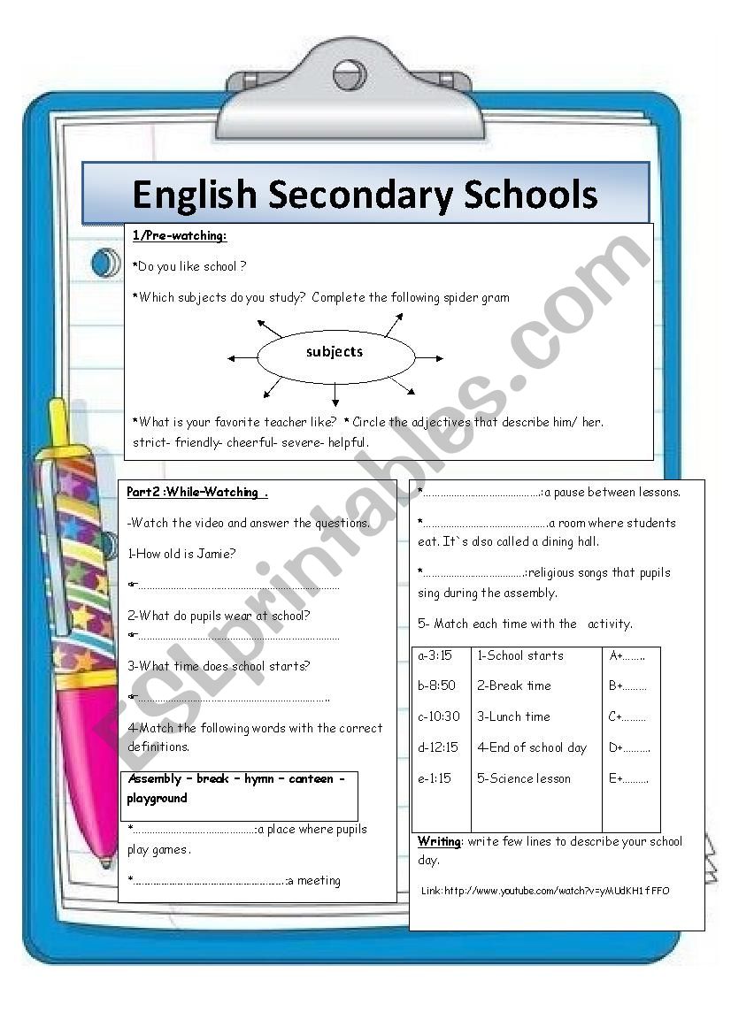 English secondary schools worksheet