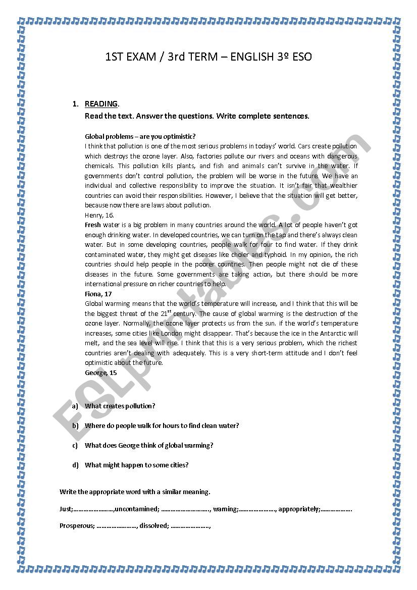 READING. EXM/ TERM 3Âº ESO worksheet