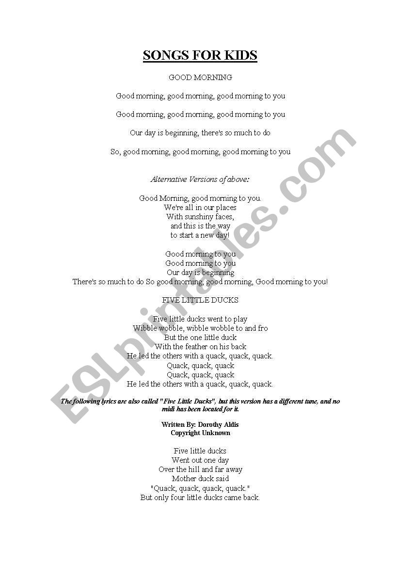 SONGS FOR KIDS worksheet