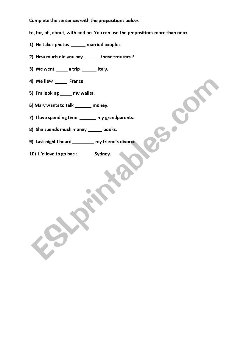 prepositions worksheet