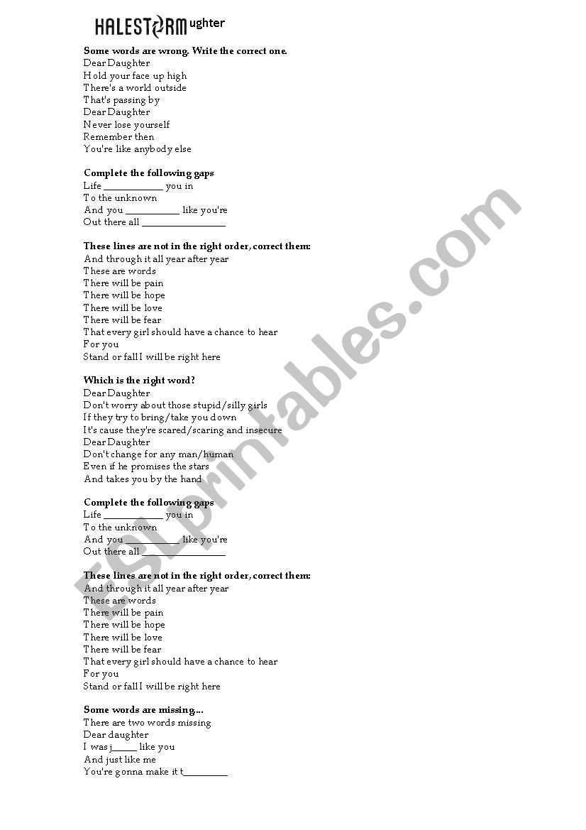 Halestorm - Dear Daughter worksheet