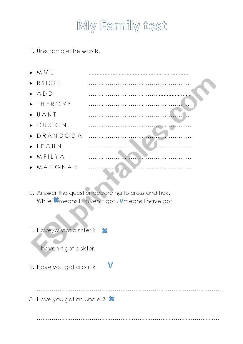 My family test worksheet