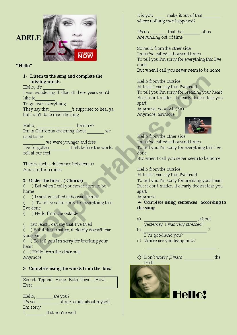 Adele- Hello worksheet
