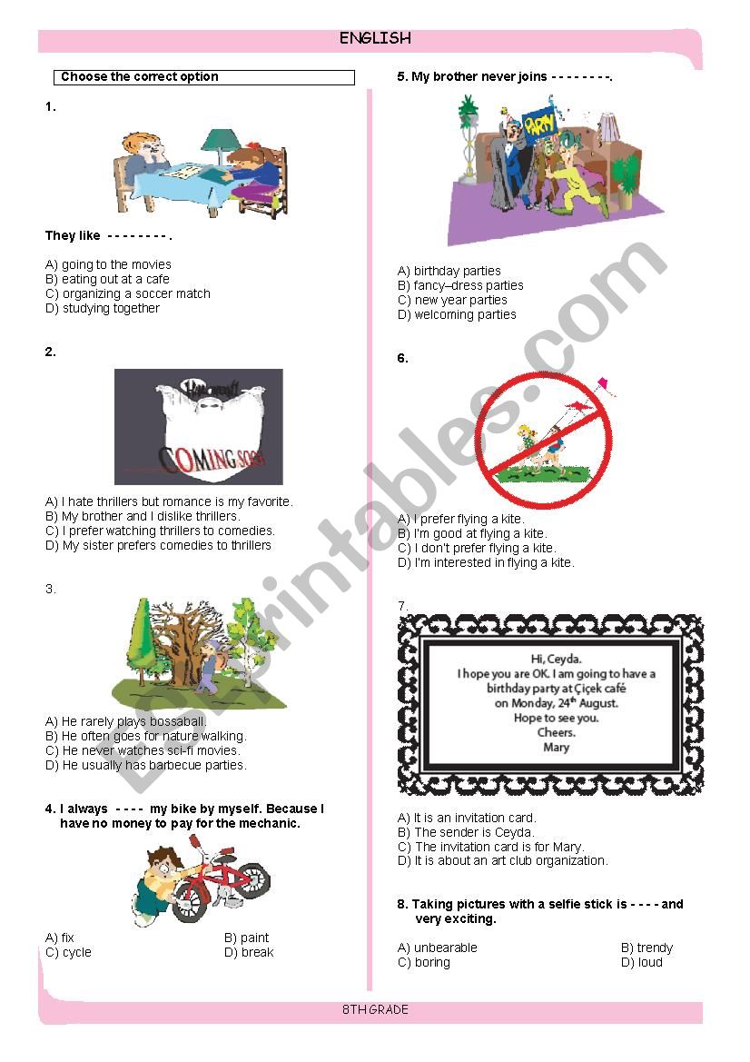 8th grade exam worksheet