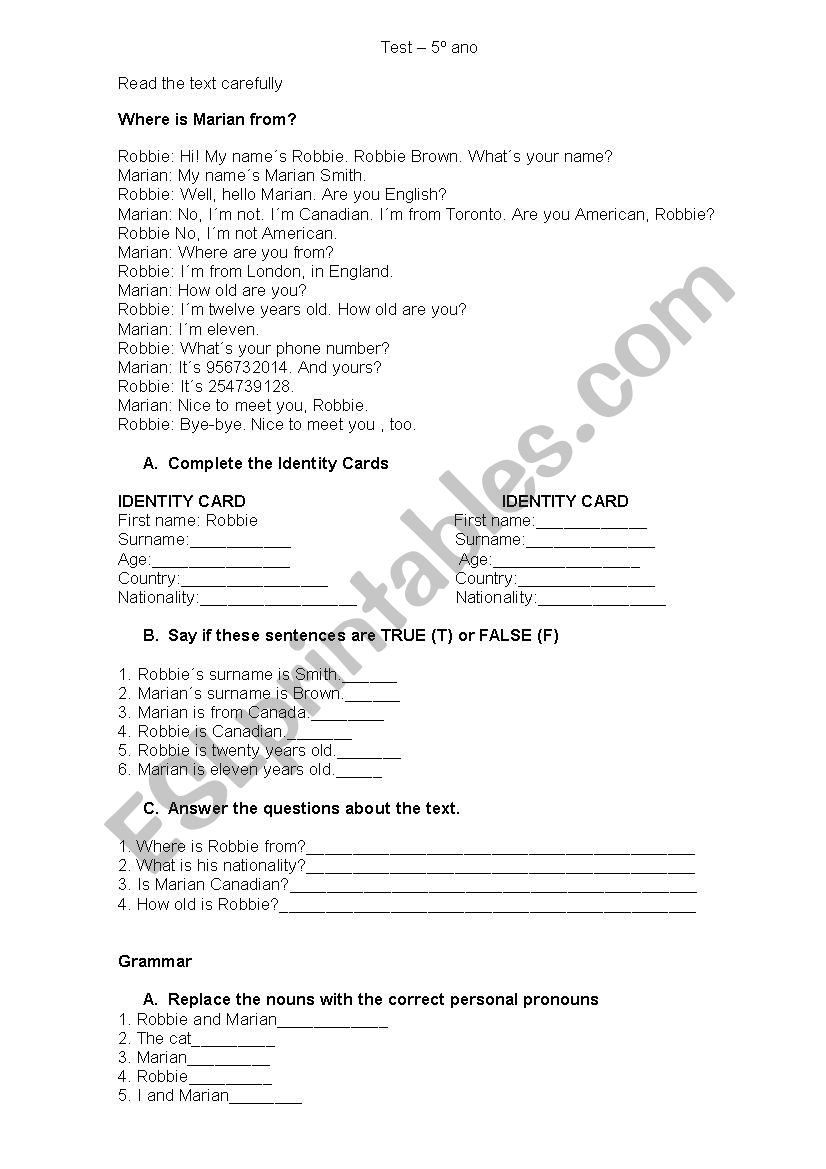 test 5th grade worksheet