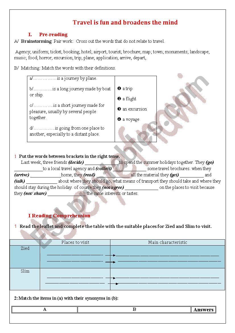 travelling worksheet