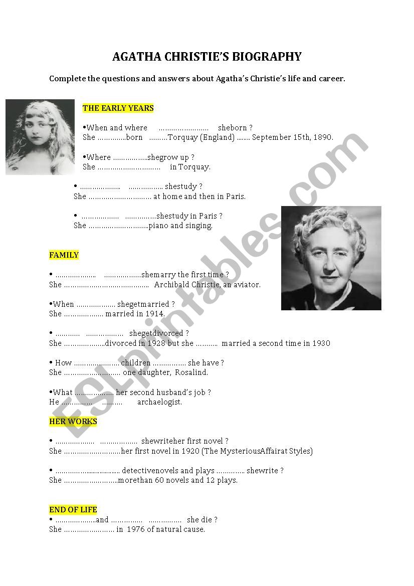 Agatha Christies biography worksheet