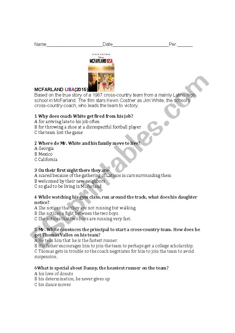McFarland USA (2015) movie worksheet #1 - ESL worksheet by rainuree