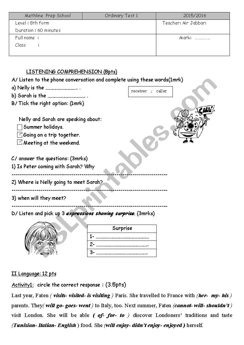 Mid term test 1 8th graders worksheet