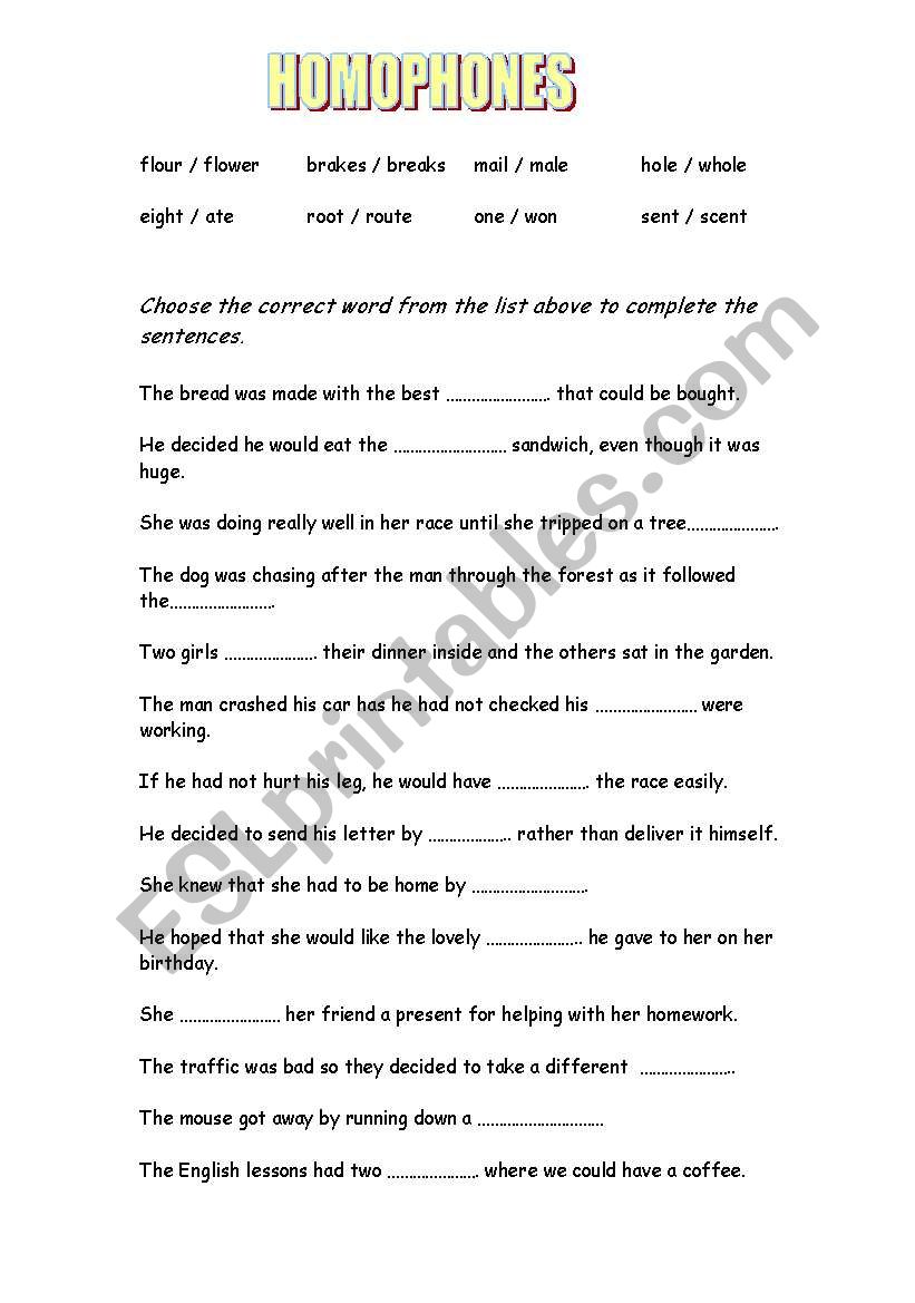 Homophones worksheet