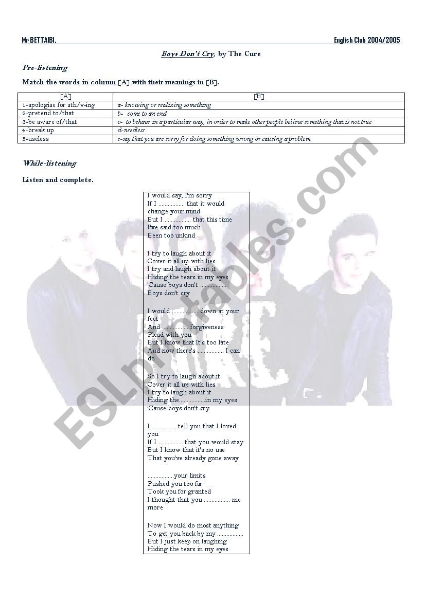Boys Dont Cry  by The Cure worksheet
