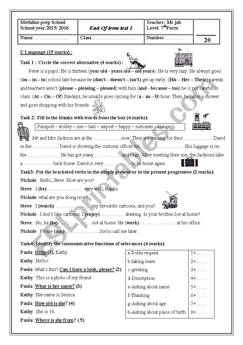 End Of term test 1 worksheet