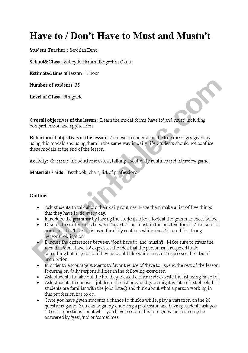must/ mustnt worksheet