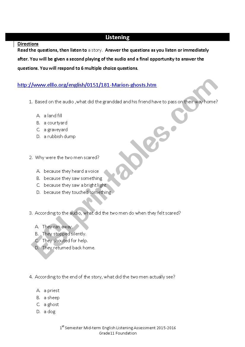 Listening test - Narrative worksheet