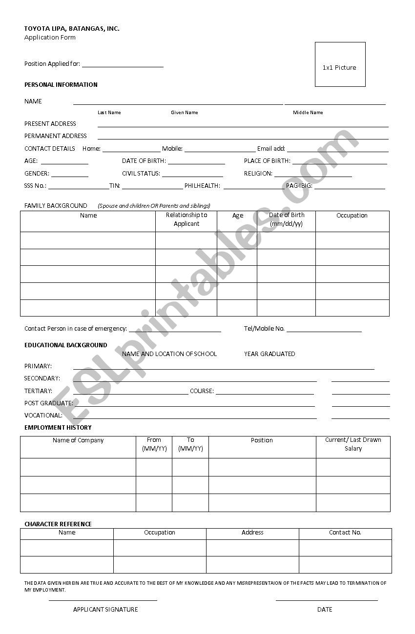 Application form worksheet