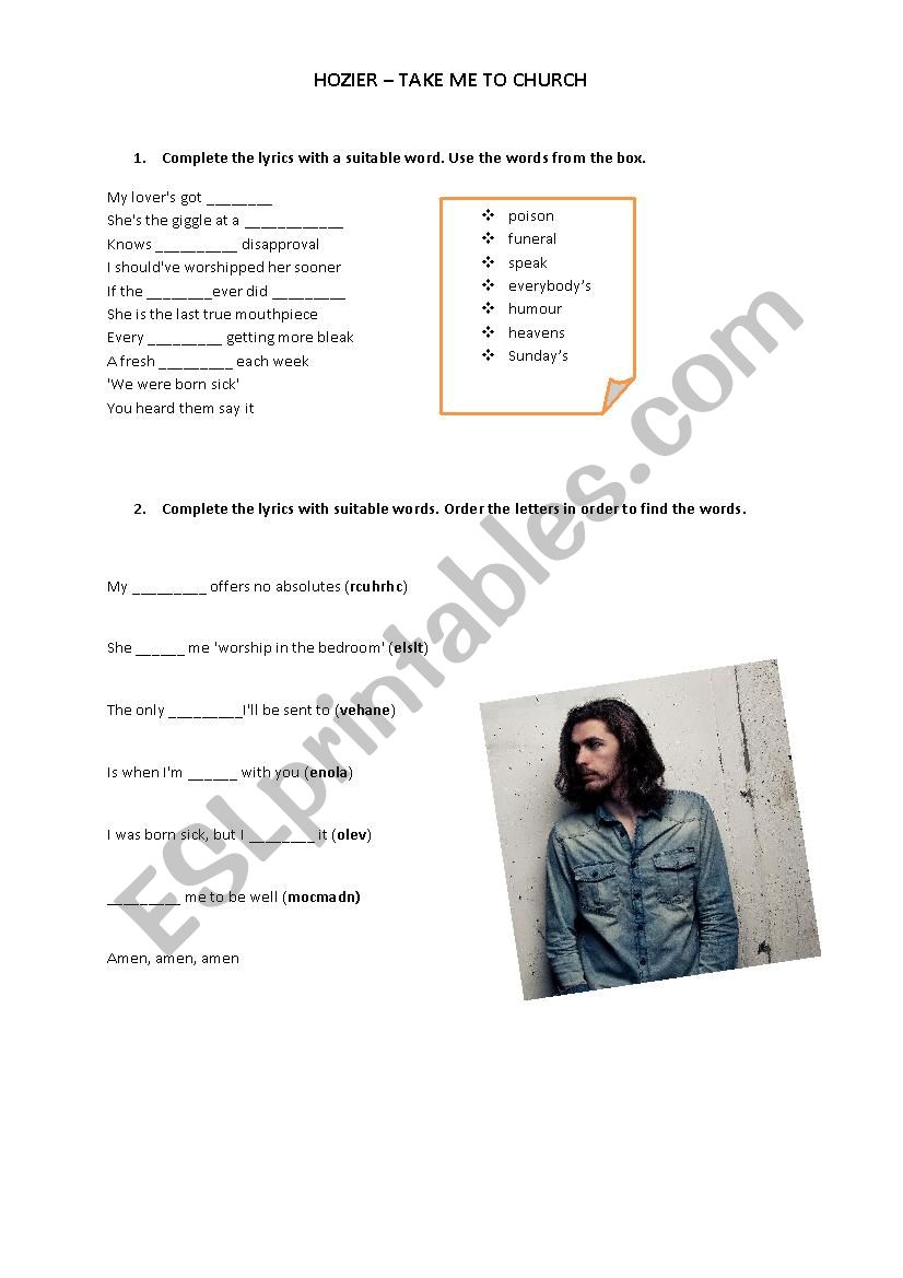 Hozier - Take Me To Church worksheet