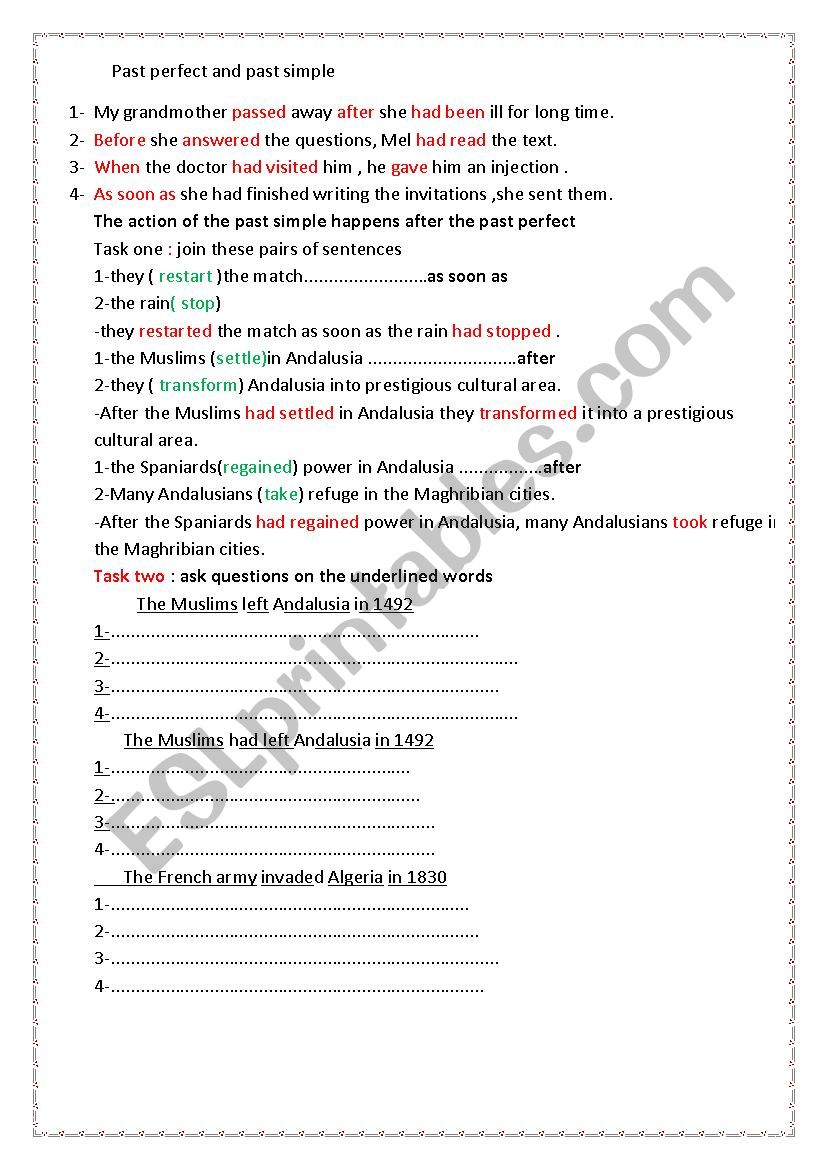 Past perfect and past simple  worksheet