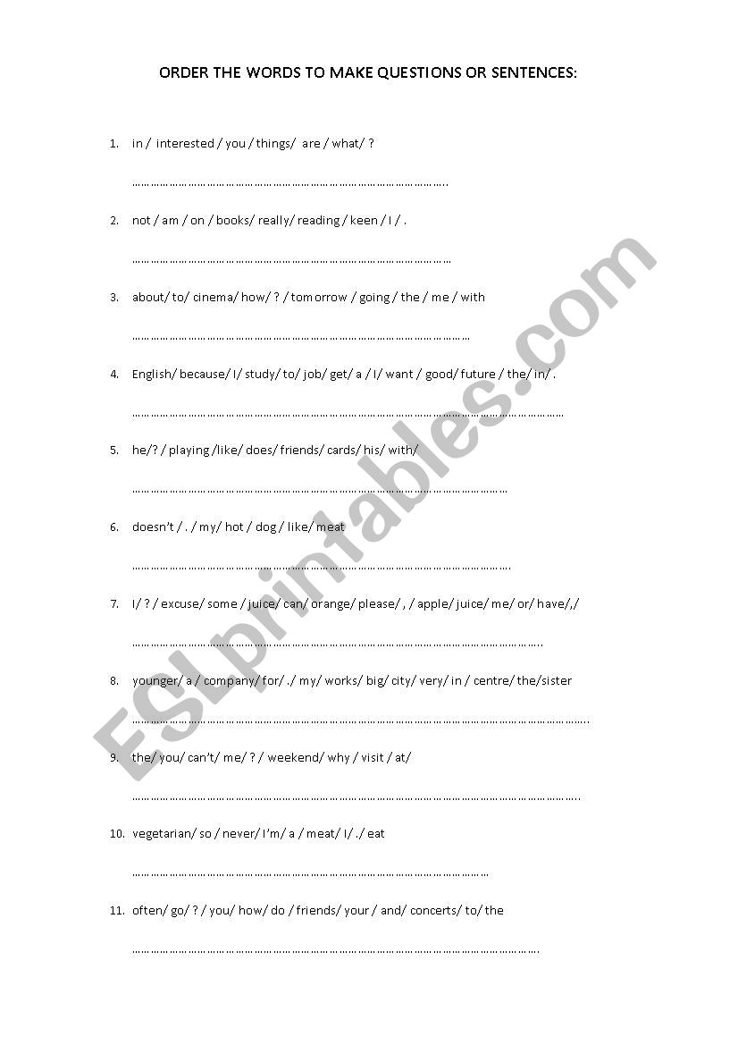 Word order in English sentences and questions