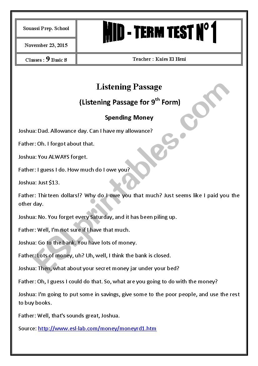 Mid-Term Test 1 For 9th Form worksheet