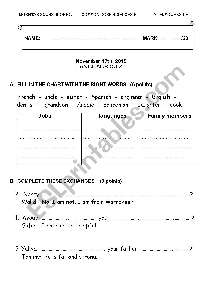 Language test worksheet