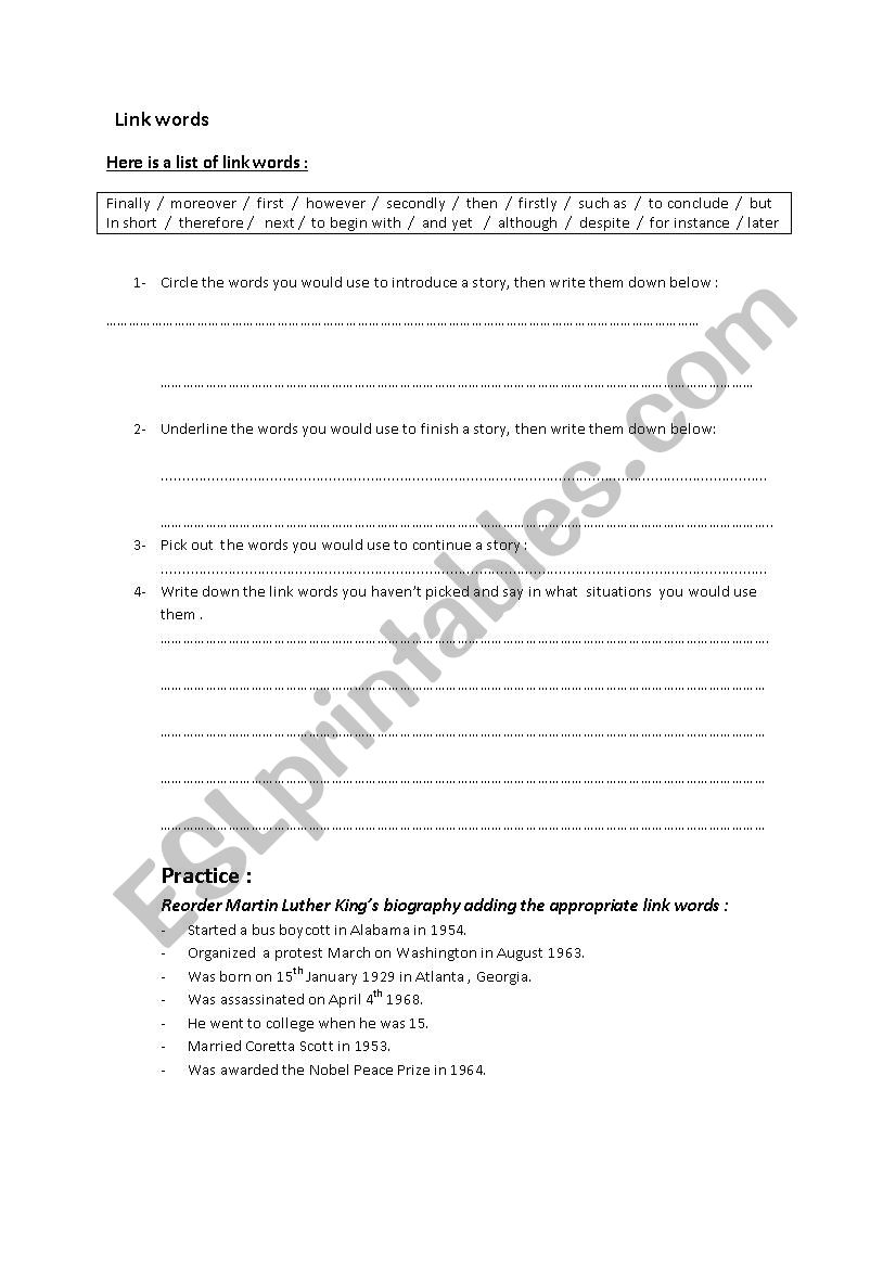 Link words worksheet