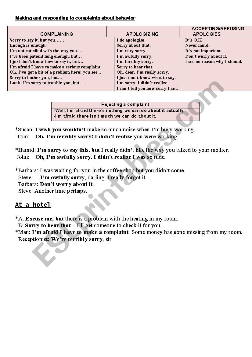 function : complaining worksheet