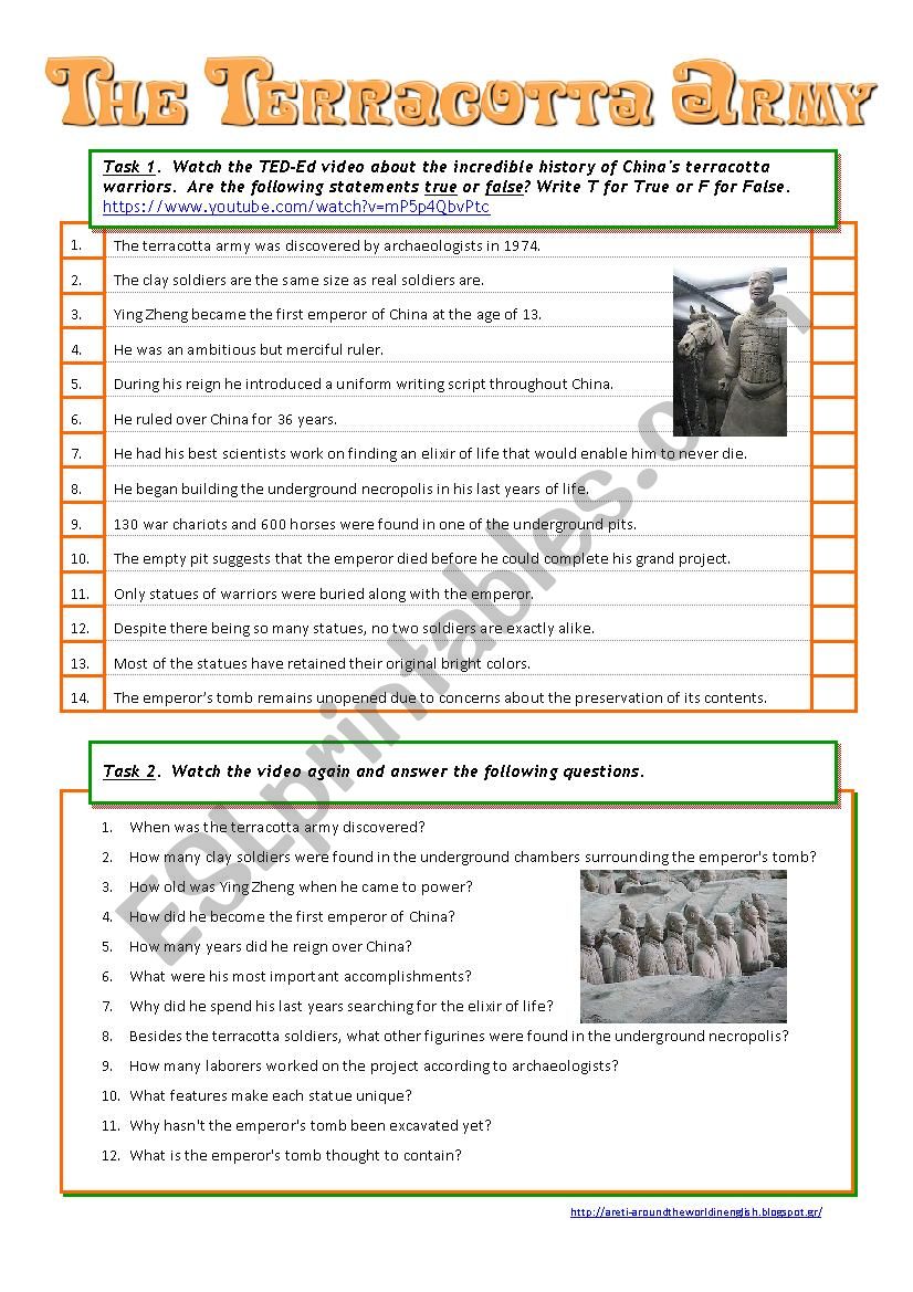 The Terracotta Army worksheet