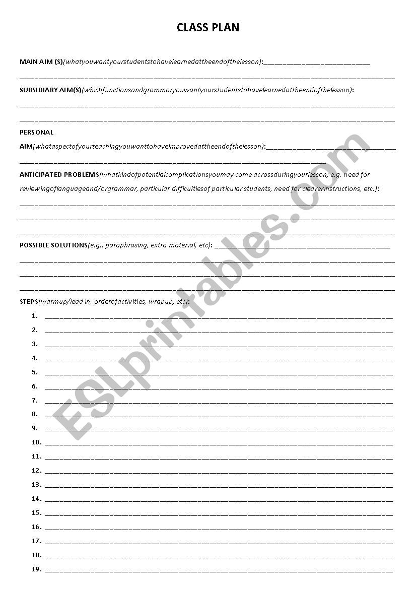 CLASS PLAN worksheet